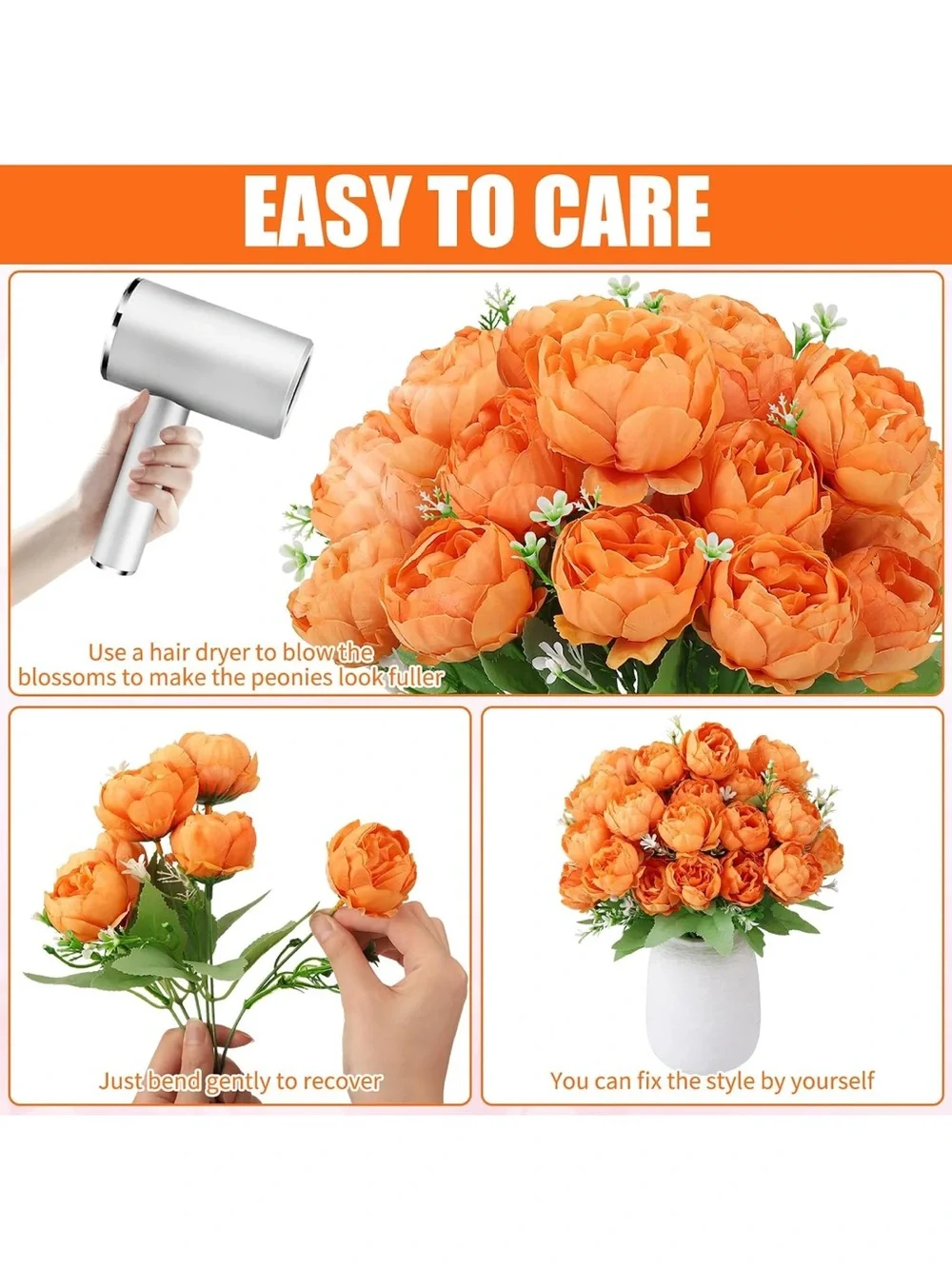 8 Pack Orange Peonies Artificial Flowers Fall Fake Silk Hydrangea Bouquets